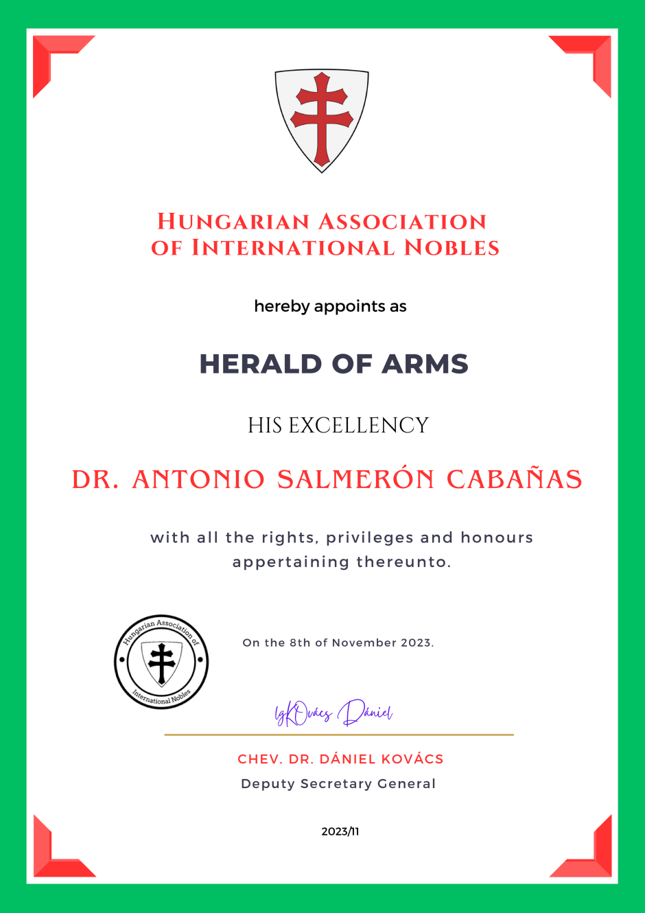 Heraldo Honorario, Asociacin Hngara de Nobles Internacionales desde 2023